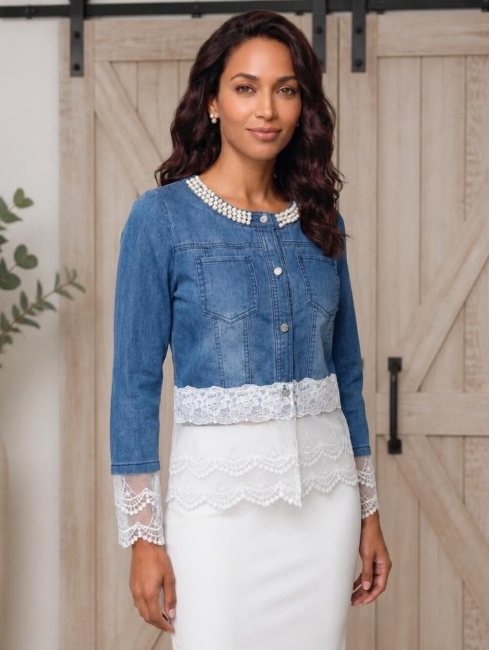 Vintage Blue Denim Jacket with Pearl Collar and White Lace Trim